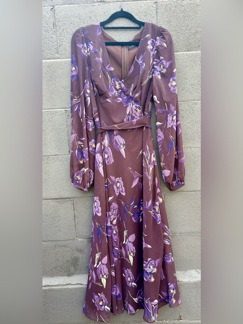 Ralph Lauren Plum Floral Midi Dress with Long Sleeves